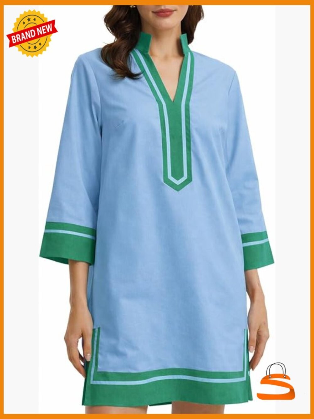 Linen Shift Dress V Neck 3/4 Sleeve Mini Collared Dress with Pockets